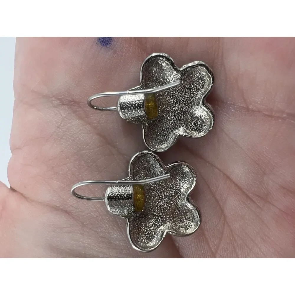 Blue Pansy Enamel Metal Clip On Earrings Vintage Detailed 1 Inch